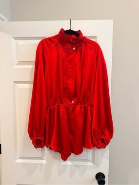 Bright Red Satin-like Long Sleeve Jumpsuit Romper